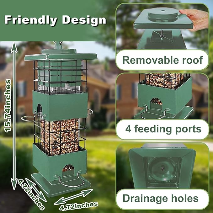 Squirrel Proof Bird Feeder,3Lbs Metal Birdfeeders Squirrel Proof with 4 Feeding Ports for Outside, Birds Seed Feeder for Outdoors, Cardinal, Finch, Sparrow (Green)