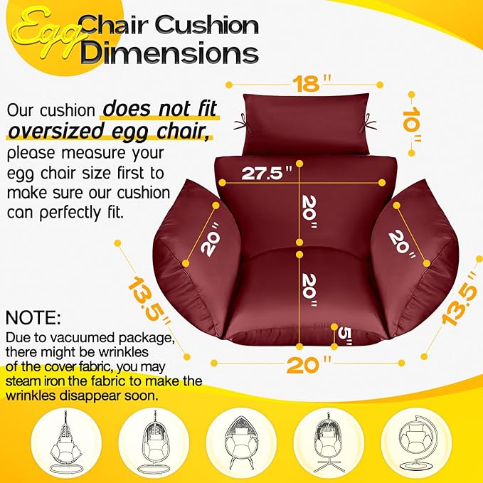 MAGIC ELEPHANT Egg Chair Cushion, Memory Foam Indoor Outdoor Hanging Egg Chair Cushion Replacement, Patio Basket Swing Cushion with Headrest (Red)