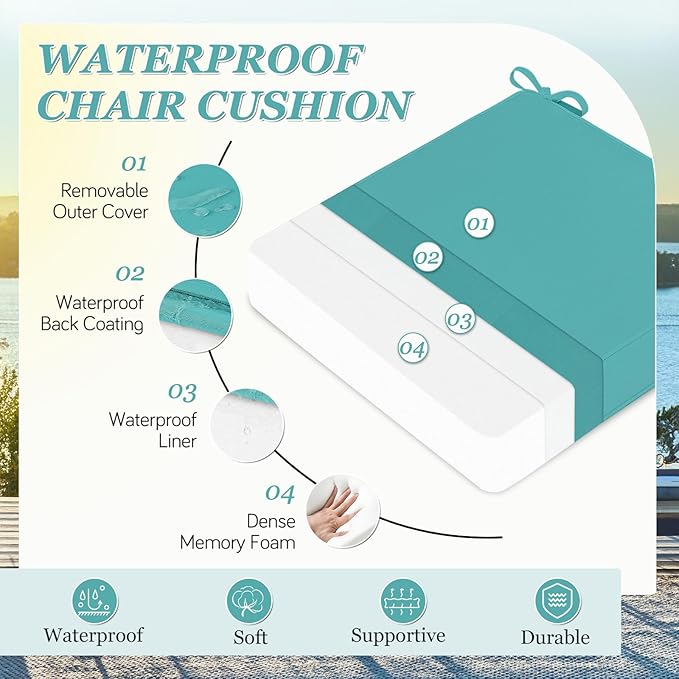Waterproof Outdoor Chair Cushions Set of 2, Square Outdoor Seat Cushions with Ties and Removable Covers, 24 x 24 Outdoor Cushions for Patio Furniture with Portable Handle(Teal)