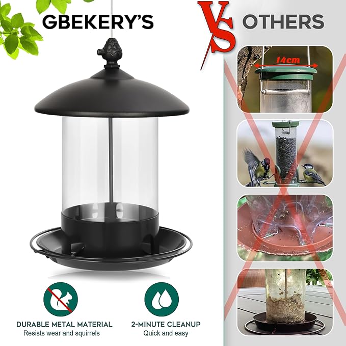 Metal Bird Feeders for Outdoors Hanging, Weather Resistant Wild Bird Feeder with 360 Degree Feeding Tray, Black