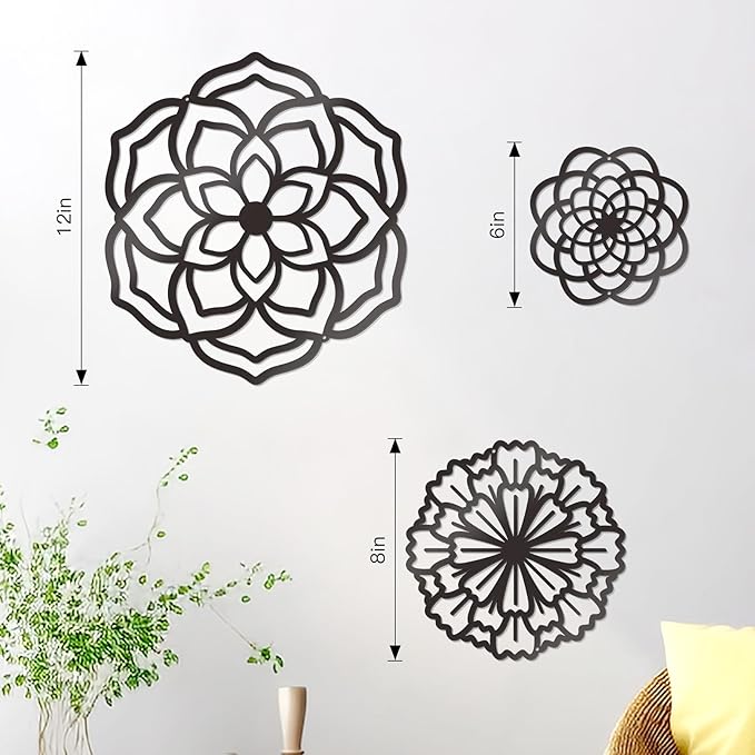 Zzbakress 3 Pcs Metal Flowers Wall Decor Black Wall Decoration Metal Flower Art Farmhouse Wall Decor Multiple Flowers Hanging Decor for Bathroom Living Room Kitchen Garden Office (Black Retro)