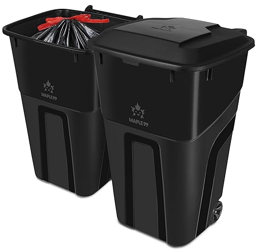 Trash Can With Lid - Ultimate Strength 32 Gallon Wheeled Garbage Can Trash Container - Professional Grade Outdoor Waste Bin with Secure Snap Lid and Ergonomic Handles, Outdoor Recycling Bins, 2 Pack