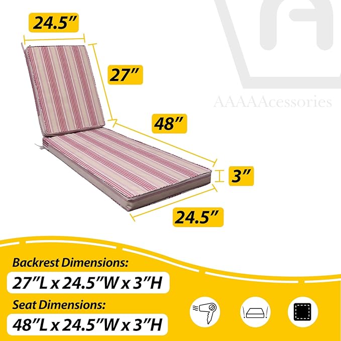 AAAAAcessories Outdoor Chaise Lounge Cushions, Fade-Resistant, Waterproof Patio Furniture Replacement Cushions, 75" x 24.5" x 3", Dusty Rose Garden Stripe
