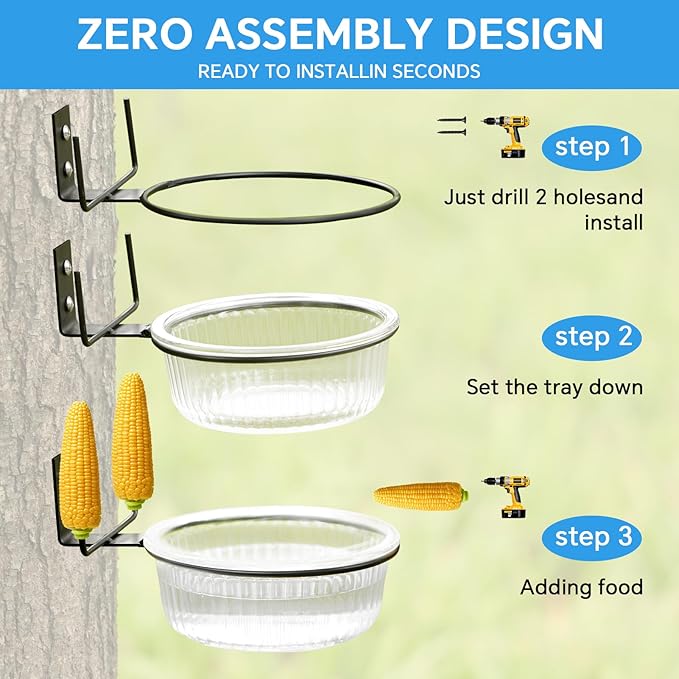 Glass Squirrel and Bird Feeder for Outdoors - No Assembly, Removable Bowl for Wet Food, Water or Bird Bath, Panoramic View, Easy Tree or Fence Mount, Easy to Clean