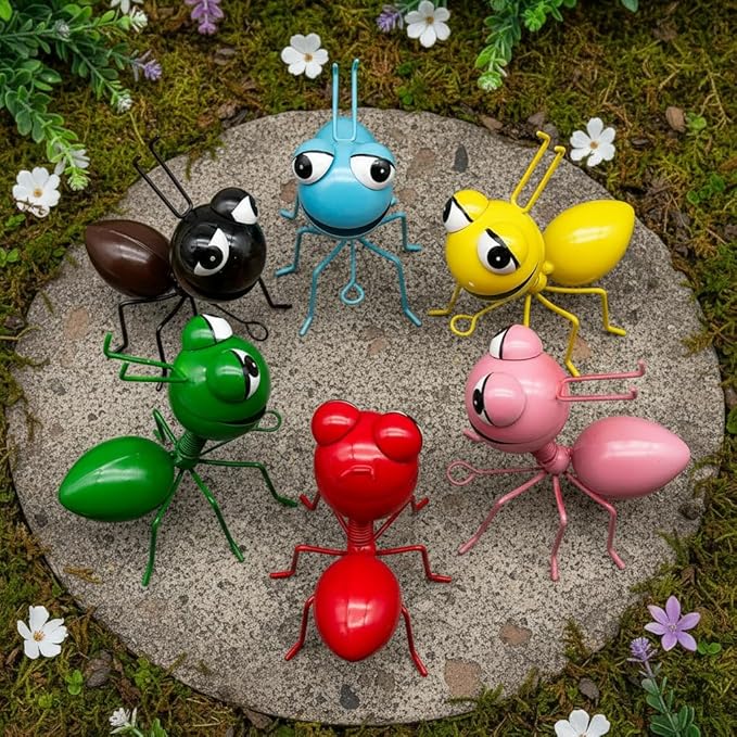Metal Yard Art Garden Decorative Cute Ant Outdoor Wall Sculptures - Set of 6