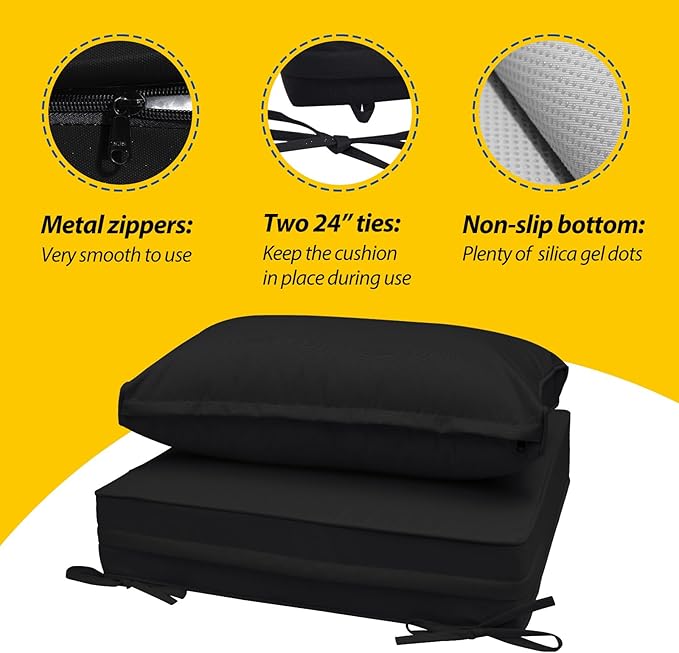 AAAAAcessories Outdoor Seat Cushions for Chairs, Fade-Resistant, Waterproof Patio Furniture Replacement Cushions, 25.5" x 25.5" x 5" + 25.5" x 13.5", Charcoal Black
