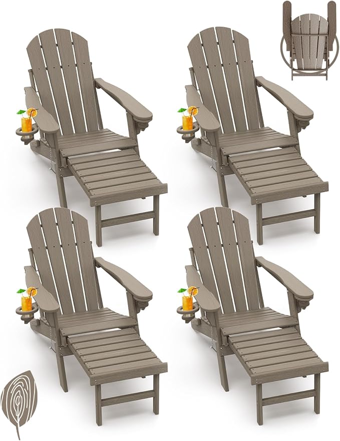 GREENVINES Adirondack-Chairs-with-Ottoman | Set of 4 | Wood Grain | Folding | Retractable-Footrest | HDPE Plastic | All Weather Fire Pit Chair | Cup Holders | for Outdoor Poolside