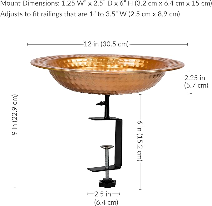 Sunnydaze Copper Bird Bath for Outside - Outdoor Bird Bath for Deck Railing - 12" Diameter