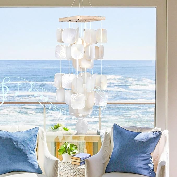 MUMTOP Shell Wind Chimes for Outside Clearance, Tropical White Capiz Shell Wind Chime for Patio,Indoor,Outdoor,Garden,Yard,Coastal,Beach Decor or Gifts for Women,Girl