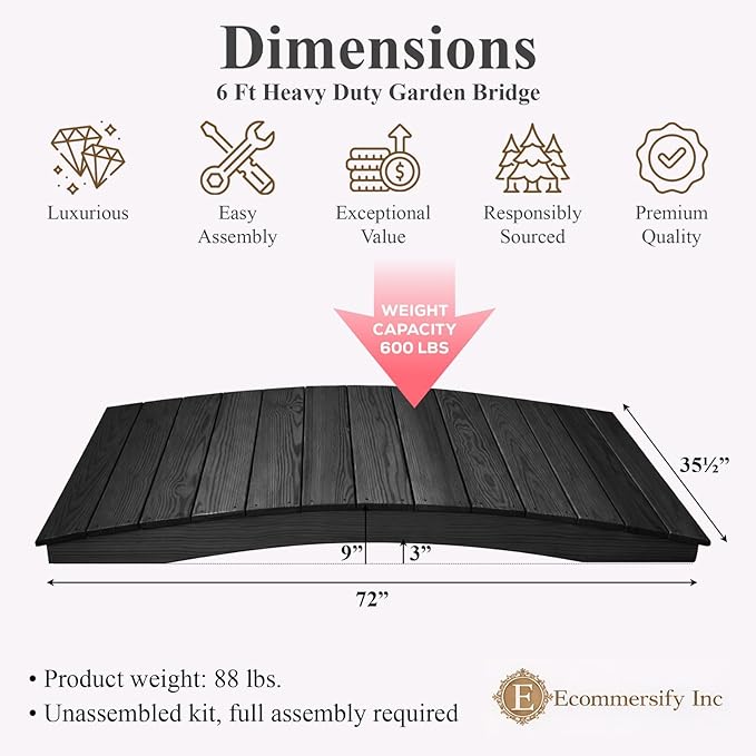 6 FT Black Amish Made Pinewood Heavy Duty Garden Bridge for Walkway, Backyard Pond & Landscaping, Outdoor Wooden Footbridge for Koi Pond, Japanese Style Decorative Bridge, Made in USA