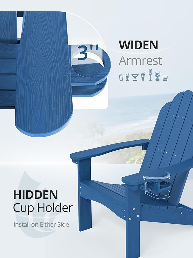 LUE BONA HDPE Adirondack Chair,Plastic Adirondack Chairs with Cup Holder Weather Resistant for Outdoor, Patio, Lawn, Garden, Backyard Deck, Fire Pit, Blue