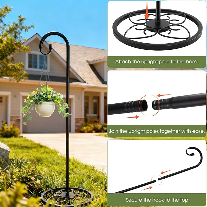 63" Adjustable Shepherd Hook Stand with Round Base Stand for Wind Chime, Bird Feeder, Lantern for Indoor & Outdoor Garden Patio Home Decor.