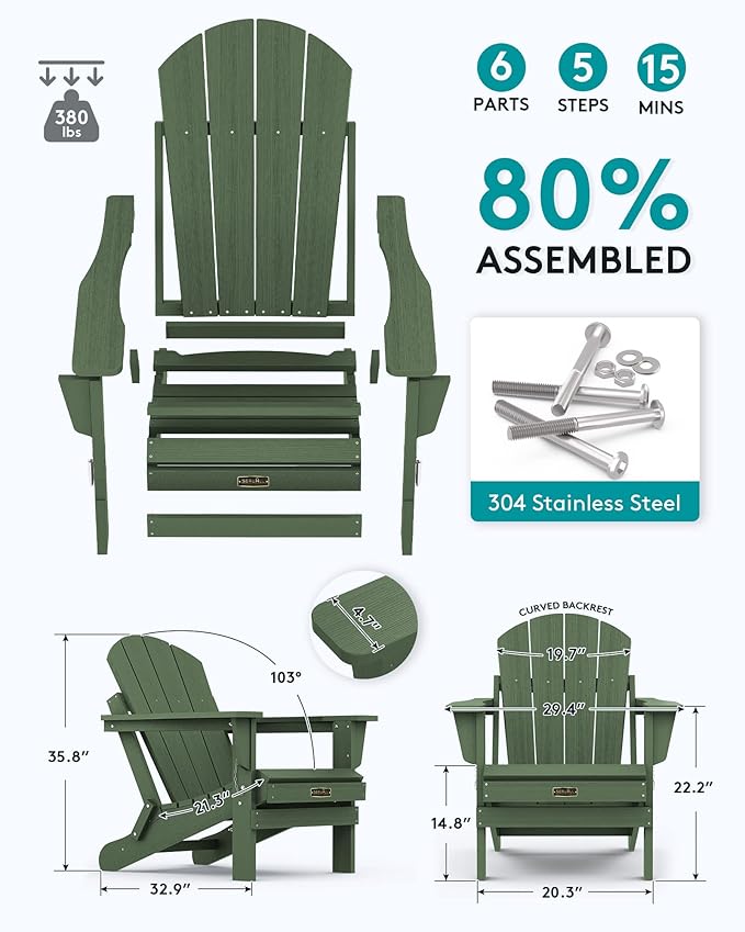 SERWALL Adirondack Chair Set of 8 for Patio Garden Outdoors Fire Pit- Army