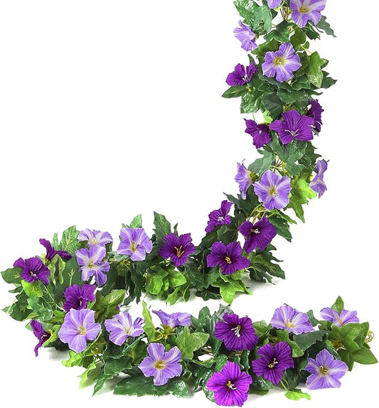 Floweroyal 2 Pack Artificial Flower Garlands 15.8FT Fake Morning Glory Vines Silk Flowers Hanging Garland Ivy for Wedding Arch Party Home Garden Wall Decor (Purple)