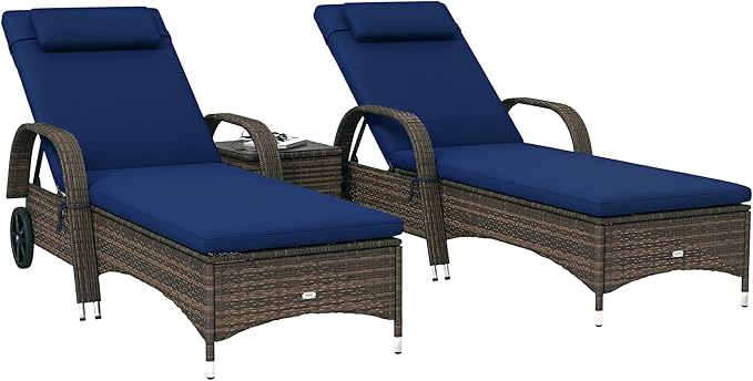 Outsunny Wicker Outdoor Chaise Lounge Chair Set of 3 with Side Table, 5-Level Adjustable Backrest PE Rattan Pool Lounge Chair with Wheels, Cushion & Headrest, Dark Blue