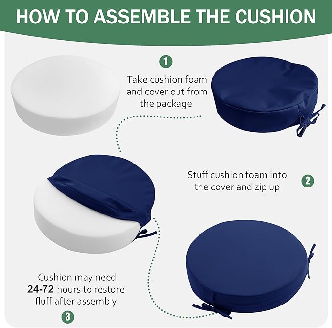 Outdoor Bistro Chair Cushions Set of 4, 15" D x 3" H Round Chair Cushions Waterproof and Fade Resistant Chair Cushion Pads with Non-Slip Ties and Removable Covers for Garden, Navy Blue