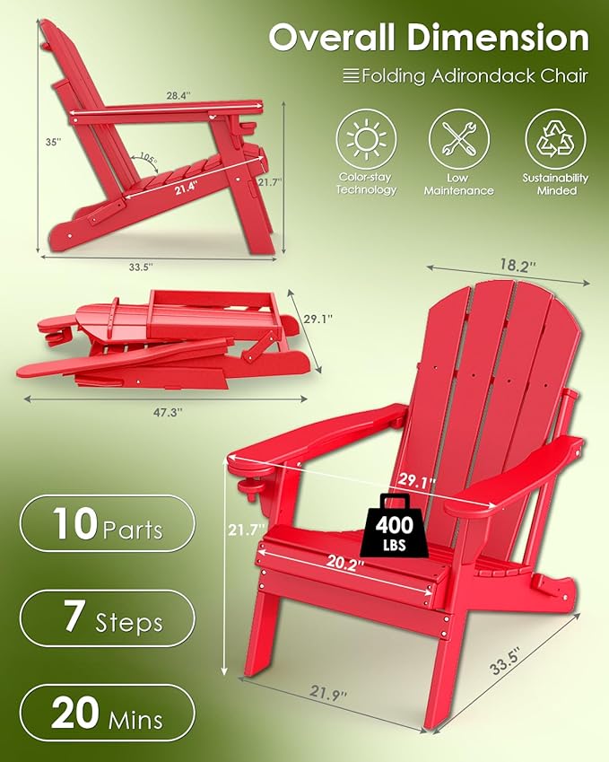 GREENVINES Folding-Adirondack-Chairs-Set-of-6 | HDPE Plastic | Fire Pit Chair | All Weather | Cup Holder | Red | for Deck Backyard Patio Outdoor Garden