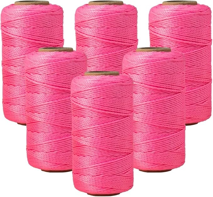 Mason Line String 1.3mm Thick Twisted Polypropylene – Durable Construction Twine for Laying Bricks, Blocks, Fences in Gardening, DIY & Landscaping Projects (Pink, 393 Ft x 6 Pcs)
