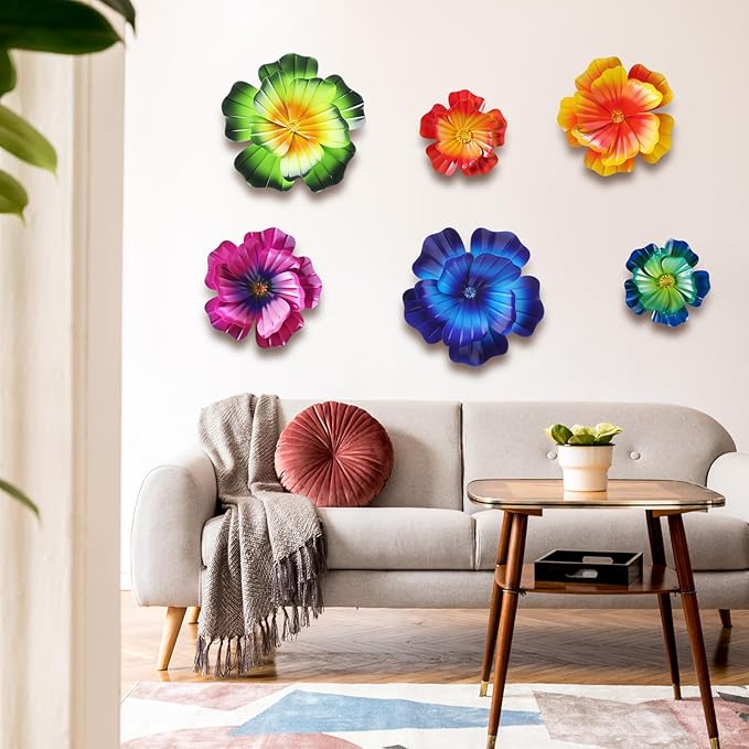 MorningRo 6 Pcs Metal Flowers Wall Art Decor Colorful 3D Hibiscus Fence Flowers Metal Wall Art Decoration Hanging Sculptures for Outdoor Garden Fence Lawn Balcony Yard Women Mother Gift