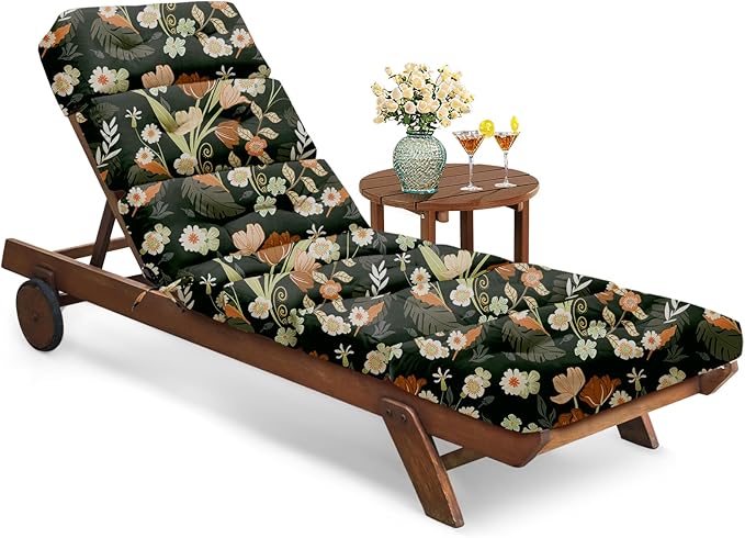 All Weather Chaise Lounge Cushions Outdoor Lounge Chair Cushion, Waterproof Memory Foam Chaise Lounger Chair Cushion for Outdoor Patio Furniture with Non-Slip Back and Ties, Green Floral