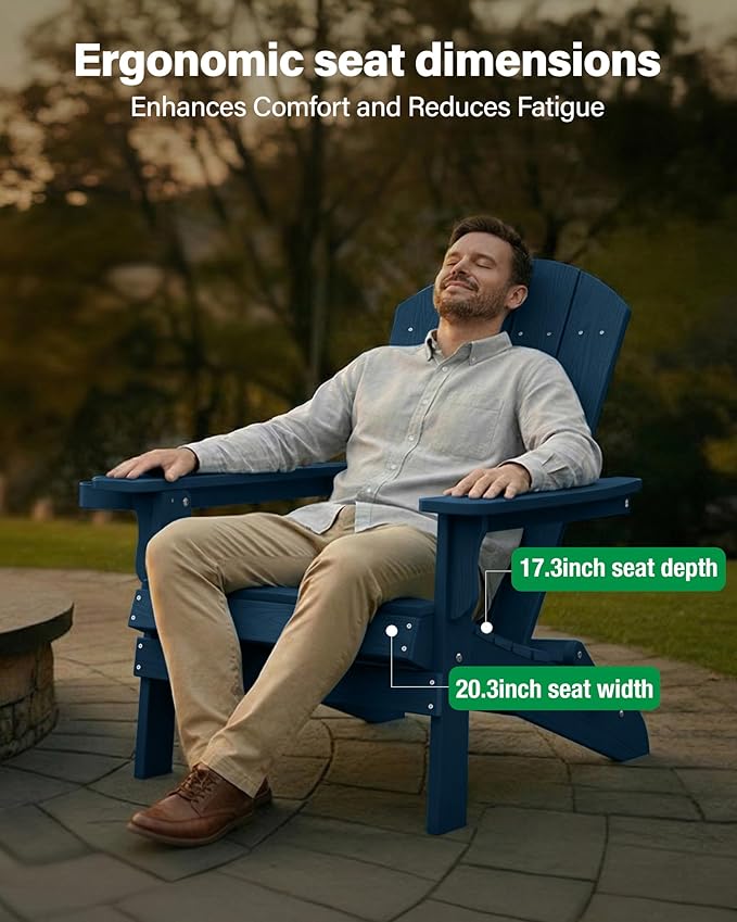 YEFU Adirondack Chair, Oversized Plastic Adirondack Chair Folding Outdoor Chairs with Cup Holder, Lawn Chair with Weather Resistant for Outside Deck Lawn Garden, Weight Capacity Up to 400 Lbs –Navy