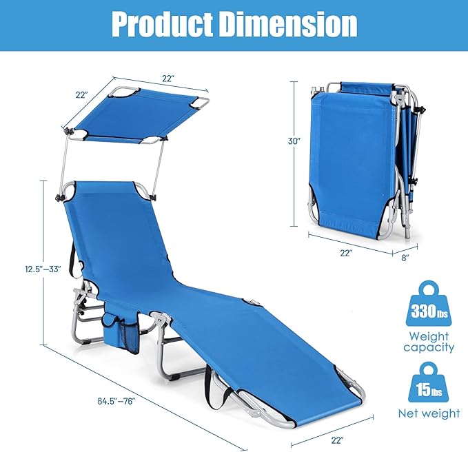 GYMAX Tanning Chair, Beach Lounge Chair with Canopy Sunshade, Carry Handle & Pocket, 5 Level Adjustable Layout Chaise Lounge for Outside, Folding Sunbath Chair for Outdoor, Patio, Poolside (1, Blue)
