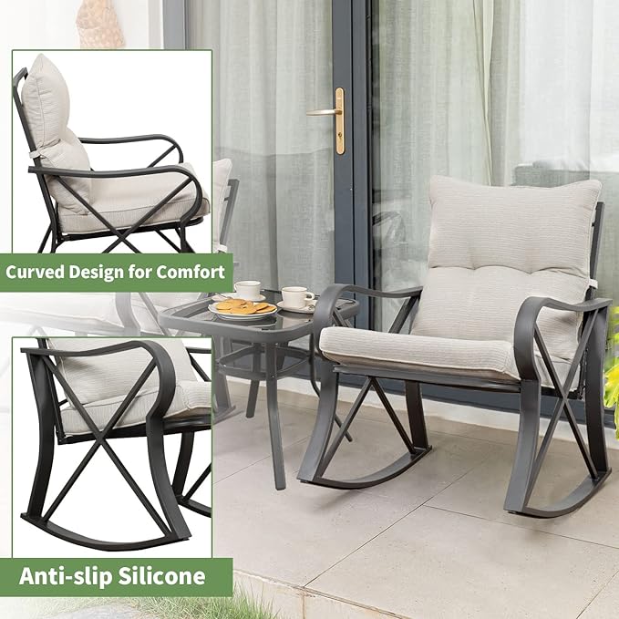 COSIEST 3 Piece Bistro Set Patio Rocking Chairs Outdoor Furniture w Beige Cushions, Glass-Top Table for Garden, Pool, Backyard