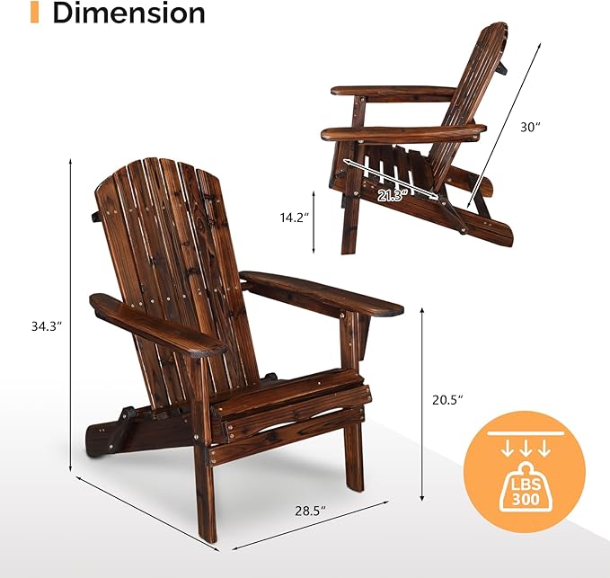 VINGLI Folding Adirondack Chair, Wood Adirondack Chairs for Outdoor, Foldable Fire Pit Chairs for Patio, BBQ, Porch, Yard, Pool, Carbonized