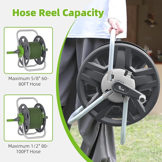 Water Hose Reel Cart, Holds 60-80 Ft of 5/8 Inch Hose, Grey Wall Mounted Garden Hose Cart, Portable Hose Reel for Convenient Storage and Watering