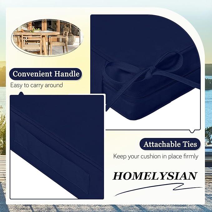 Waterproof Outdoor Chair Cushions Set of 2, Square Outdoor Seat Cushions with Ties and Removable Covers, 22 x 22 Outdoor Cushions for Patio Furniture with Portable Handle(Navy)