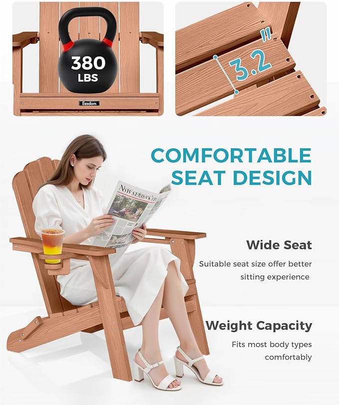 Folding Adirondack Chair, HDPE Adirondack Chair with 2 Cup Holders, Outdoor Fire Pit Chairs for Patio, Garden, Poolside, Teak