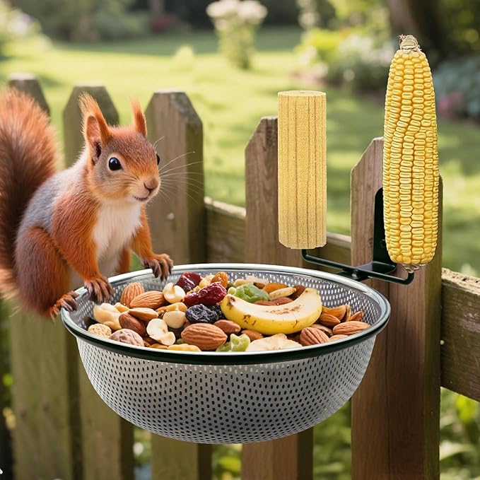 Squirrel Feeder Bowl (2L) Trees or Fences Mounted, Removable Squirrel Feeder with 2 Squirrel Corn Cob Spikes, Outdoor 8.8" Stainless Steel Feed Bowl with Drainage Holes, Easy to Clean/Refill(Black)