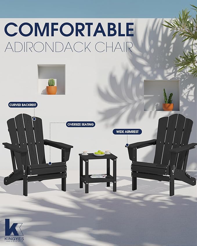 KINGYES Folding Adirondack Chair Set of 4, HDPE All-Weather Patio Chairs, Wooden Textured Lawn Chair for Poolside, Backyard, Deck, Fire Pit, Black