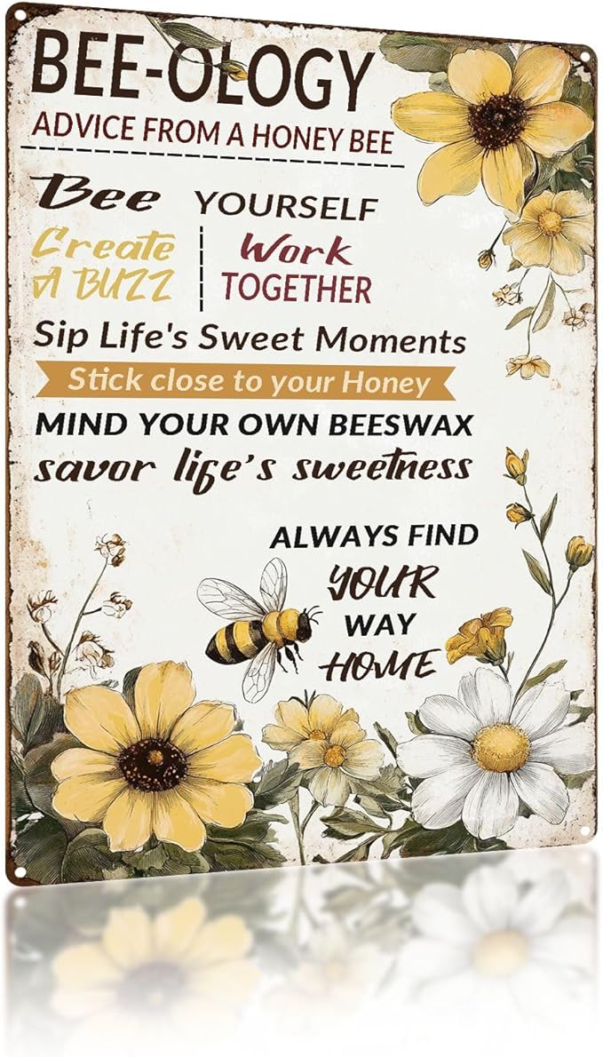 Vintage Garden Metal Tin Signs Bee-ology Advice from a honey Bee Funny Tin Sign Rustic Indoor Outdoor Wall Decor for Home Garden Yard Farmhouse Greenhouse Patio Porch Bar 12×16 Inch