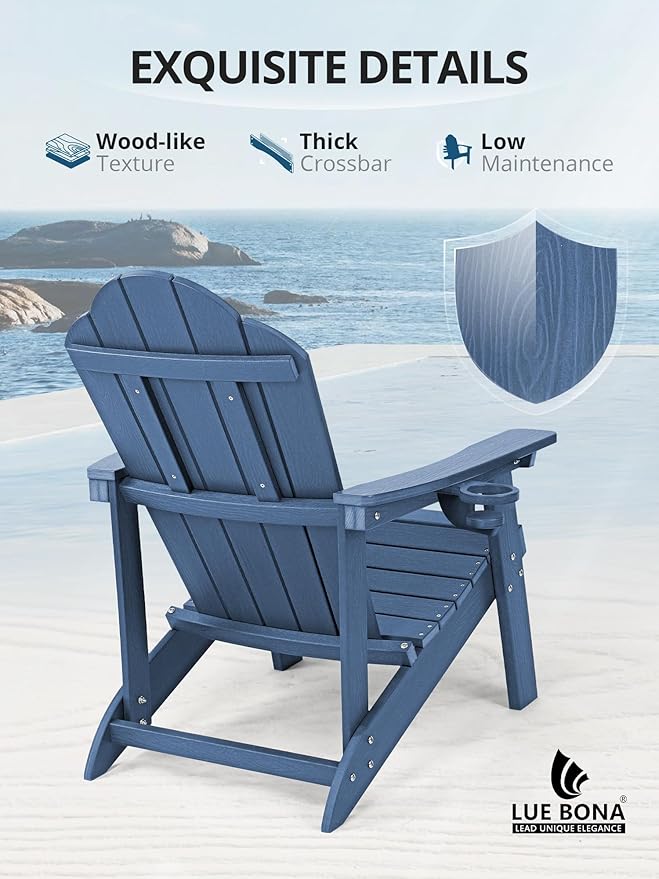 LUE BONA HDPE Adirondack Chairs Set of 4 - Weather Resistant Seating with Cup Holder for Poolside, Fire Pit, Deck & Resort Patio, Blue