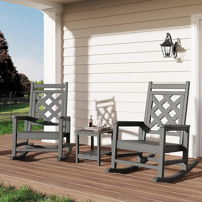 GarveeLife Outdoor Rocking Chair Set of 2 with Side Table, HDPE Weather Resistant Patio Rocking Chair Porch Rocker with Wood Texture & 380 LBS Support for Deck, Pool, Backyard, Gray