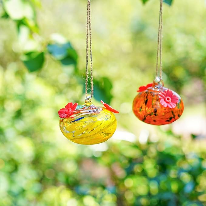 Set 2 Hummingbird Feeders for Outdoors Hanging 3.2in Small Blown Glass Humming Bird Feeder for Window Humming Bird Feeders with 2 Flower Feeding Ports