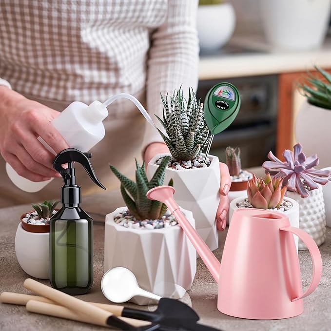6 Pcs Indoor Watering Can Set 1/2 Gallon Can 6.8 oz Spray Bottle 17 oz Squeeze Bottle Plant Watering Globes Soil Moisture Meter Small Spraying Set for Indoor Outdoor Plants(Pink)