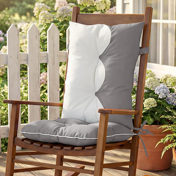 mudilun Outdoor Adirondack Chair Cushion High Weather Resistant Tufted Waterproof Rocking Chair Cushions Anti-Slip Thickened High Back Patio Seat Pads (Outdoor-Gray-White)
