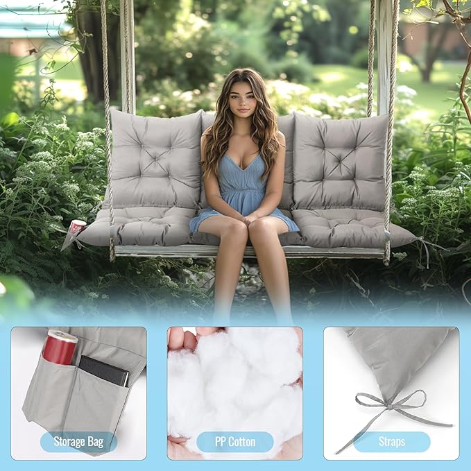 NACATIN 3 Seat Cushion for Outdoor Swing - 60x40 inches, 4" Thick Porch Swing Cushions with Ties and Storage Bag, Waterproof Bench Cushions for Patio, Outdoor, Backyard and Garden (Light Gray)