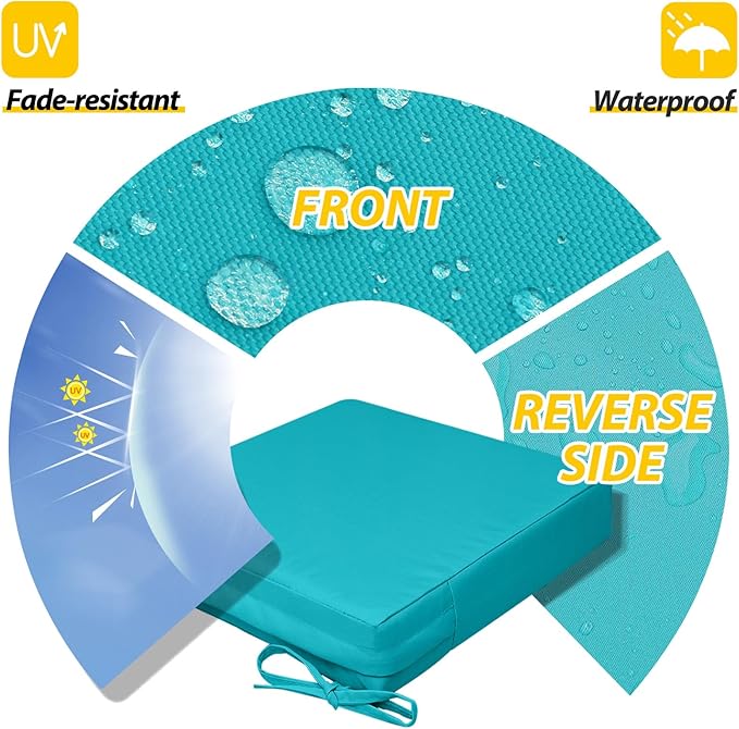 AAAAAcessories Outdoor Seat Cushions for Chairs, Waterproof, Fade-Resistant, 20" x 18" x 3", Patio Furniture Replacement Cushions, Set of 2, Turquoise Blue