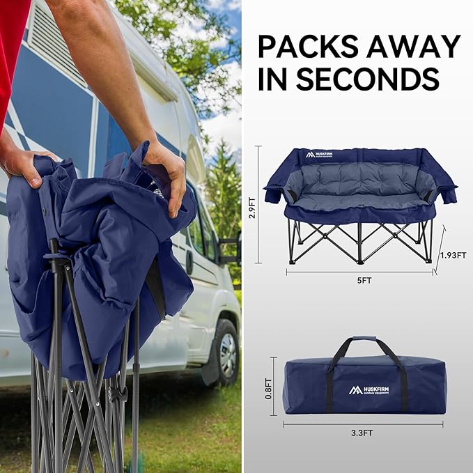 Double Camping Chairs Padded Loveseat Chair for 2 Person - Heavy Duty Oversized Camping Couch for Adults Outdoor Lawn Beach - Portable Folding Sofa with Cup Holders and Carry Bag, Navy Blue