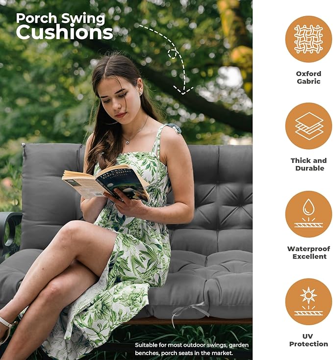 Porch Swing Cushions, Patio Swing Cushions Waterproof for Outdoor Furniture Thickened Outdoor Swing Bench Cushions 2-3 Seater Replacement with Ties (Light Grey, 60x40 Inch)