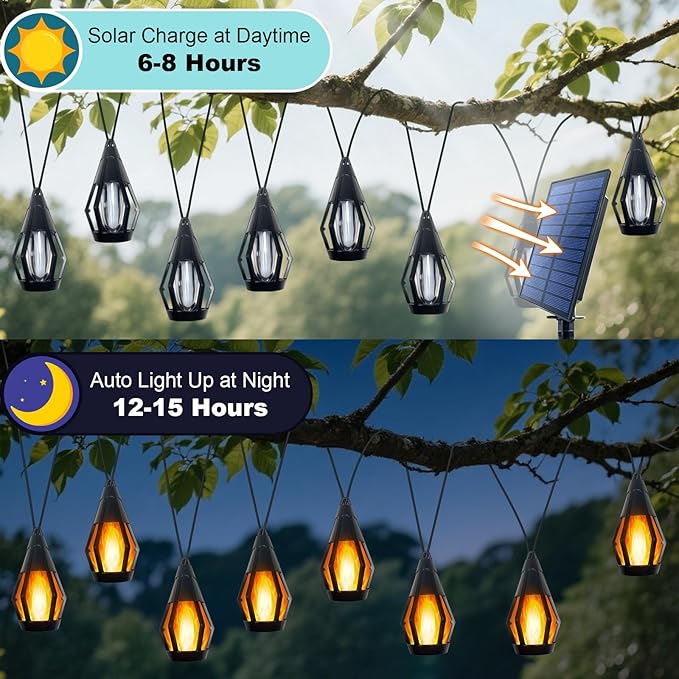 21Ft Solar String Lights Outdoor Waterproof Solar Powered Patio Lights with 10 Flickering Flame Light Bulbs Hanging Lantern String Light for Garden Yard Gazebo Cafe Bistro Party Outdoor Decor