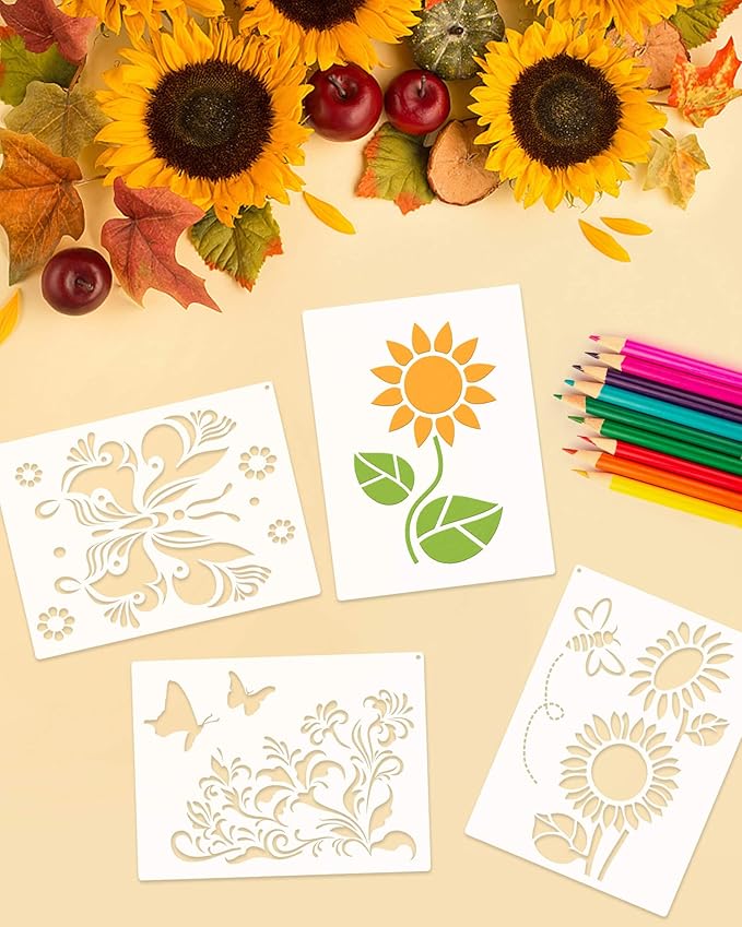 9PCS Sunflower Butterflies Stencils, Reusable PET Sun Flower Template, DIY Craft Paint Stencil with Metal Open Ring, for Painting on Wood Canvas Paper Fabric Wall Furniture, 8x11 Inches