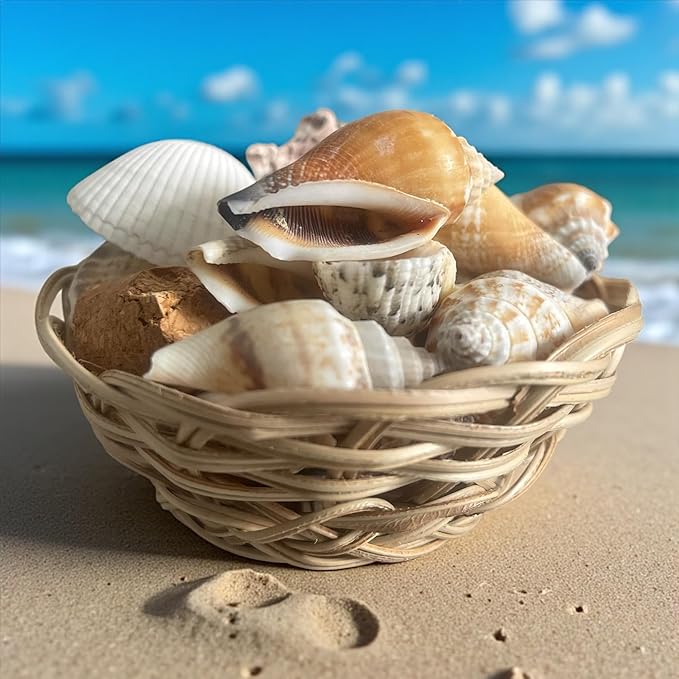 Seashell Basket Decor Set – 21 Natural SEA Shells in 3” Handwoven Basket + Free Decorative Stone Gift – Coastal Centerpiece for Beach Weddings, Baby Showers & Coastal Home Decor