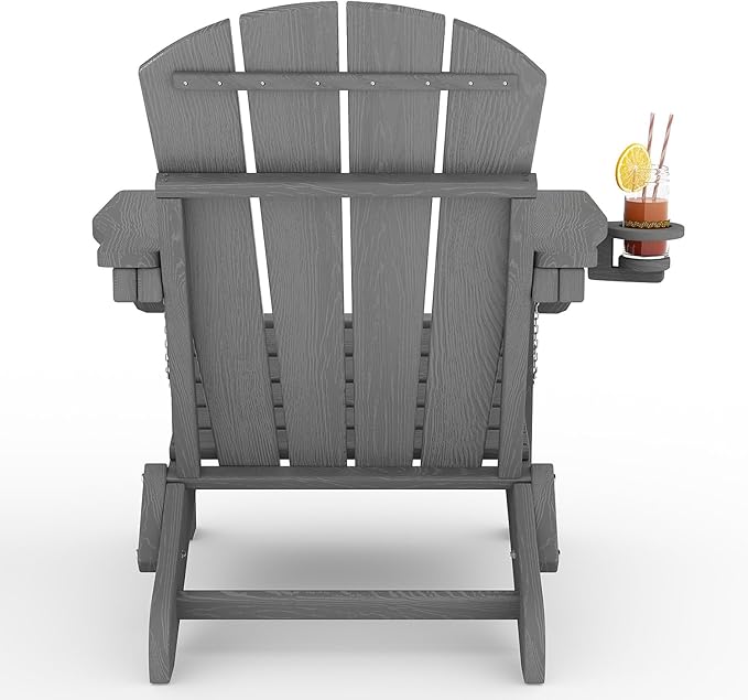 Folding Adirondack Chair Set of 4 with Ottoman, All-Weather HDPE Outdoor Chair, Wooden Textured with Cup Holder for patios, Decks, Gardens, fire pits, Grey