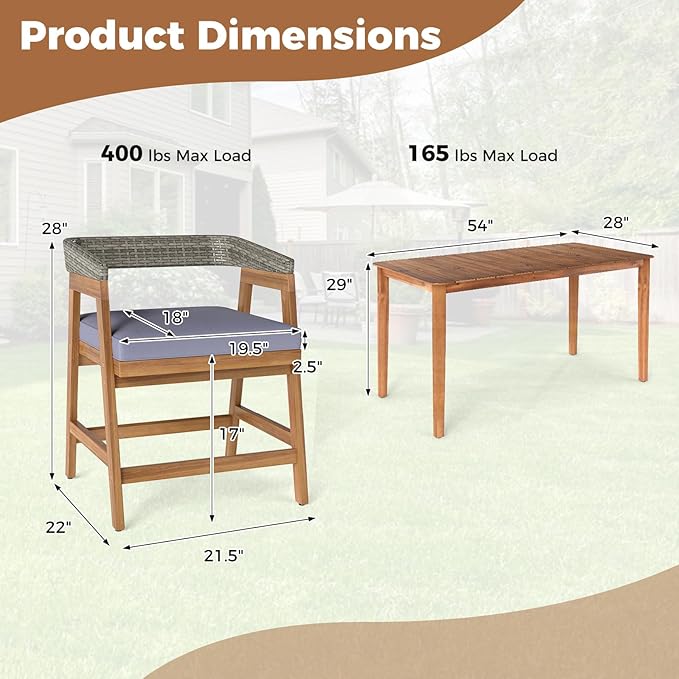 Tangkula 5 Piece Patio Dining Set for 4, Outdoor Solid Wood Rectangle Table Set with Cushioned Armrest Chairs,for Deck, Poolside, Outside and Lawn