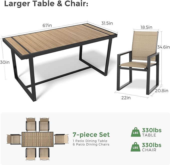 7 Piece Patio Dining Set for 6, Outdoor Furniture Set Includes 67" Rectangle Patio Table and 6 Textilene Dining Chairs, Outdoor Table and Chairs for Outsides, Backyard, Garden and Poolside