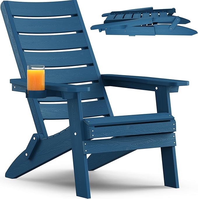 YEFU Oversized Folding Adirondack Chair: Plastic Outdoor Heavy Duty Fire Pit Chair with Comfort Arc Backrest & Cup Holder - All Weather HIPS Adirondack Chairs for Lawn Backyard Garden Navy